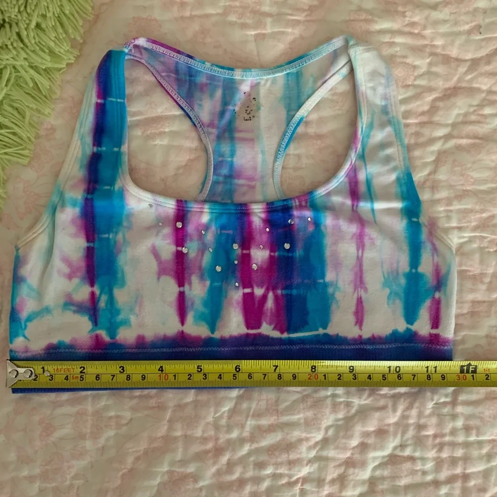 Justice Sports Bra Girls Blue Purple White Tie Dye Racer Back Rhinestone